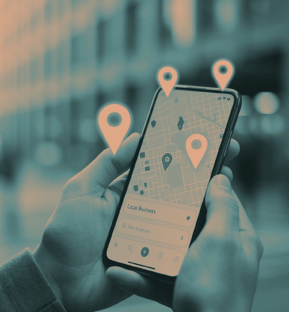 A phone showing local businesses on a map